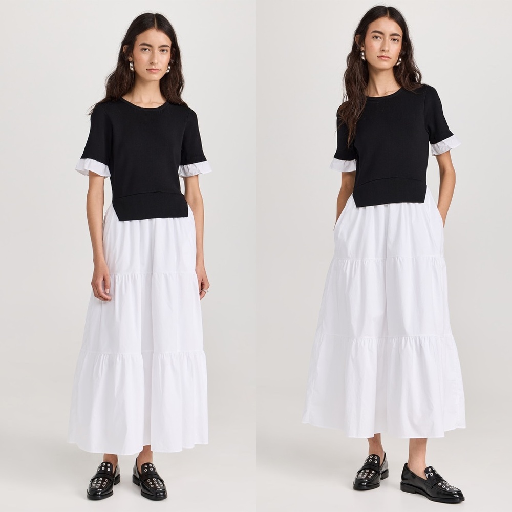 ENGLISH FACTORY | Mixed Media Short Sleeve Maxi Dress in Black & White | Size XS